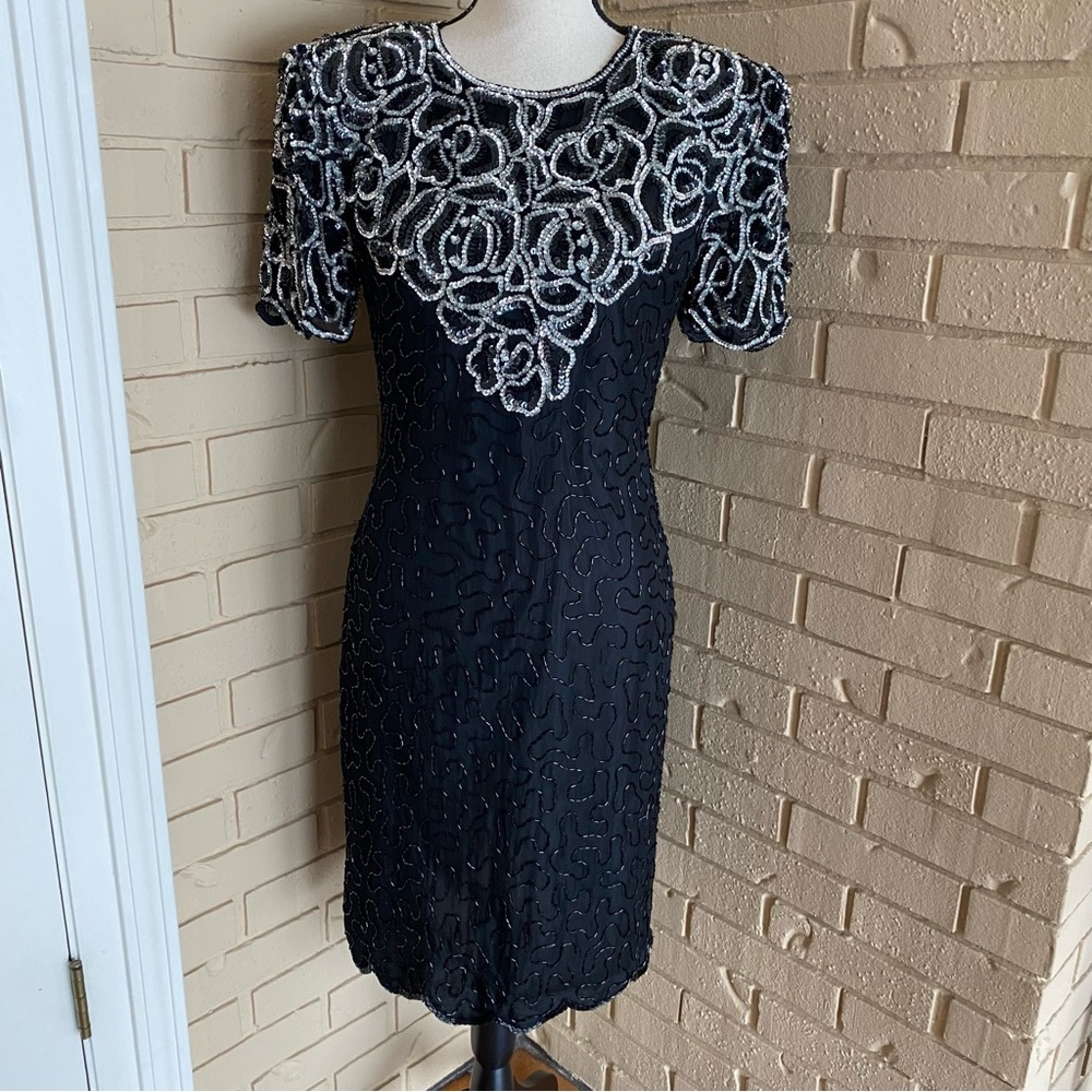 Sweelo Vintage Black Silver Beaded Sequin Sheath Evening Formal Dress Sz S 6 8
